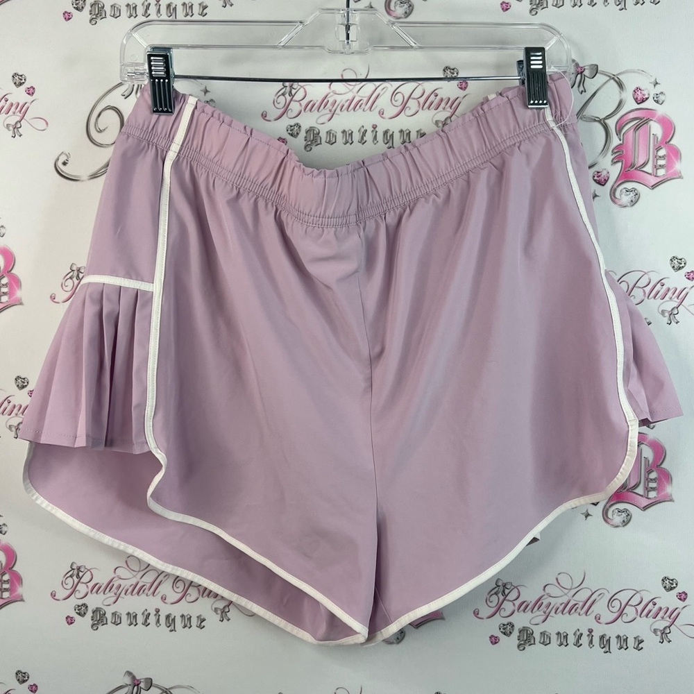 Mondetta shorts ruffle sides purple Lavender Athletic Shorts with Ruffle Detail